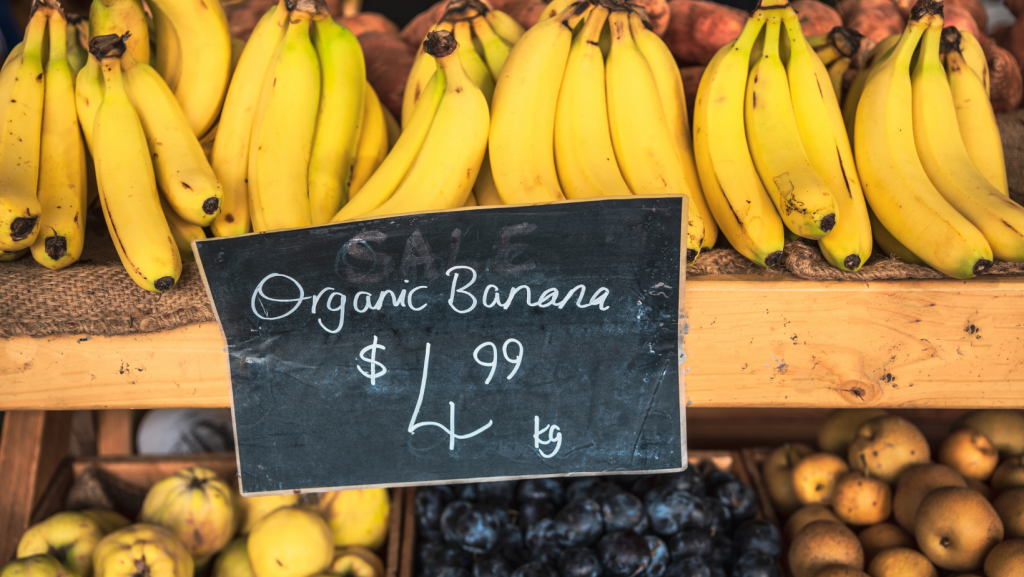 Bananas on a grocery store shelf